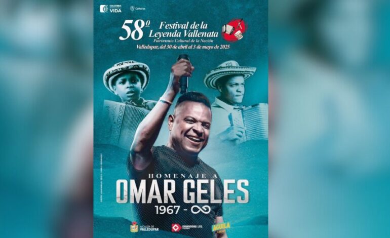 Este es el afiche oficial del Festival Vallenato 2025 en homenaje a Omar Geles