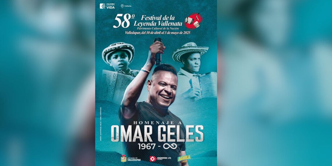 Este es el afiche oficial del Festival Vallenato 2025 en homenaje a Omar Geles